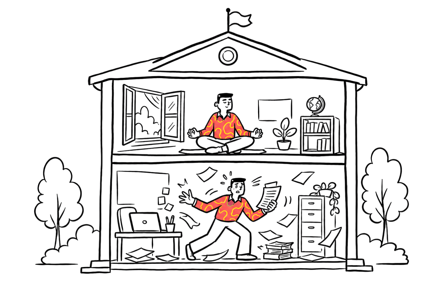 Line illustration of a two-story house: a person overwhelmed by paperwork on the lower floor and the same person calmly meditating on the upper floor